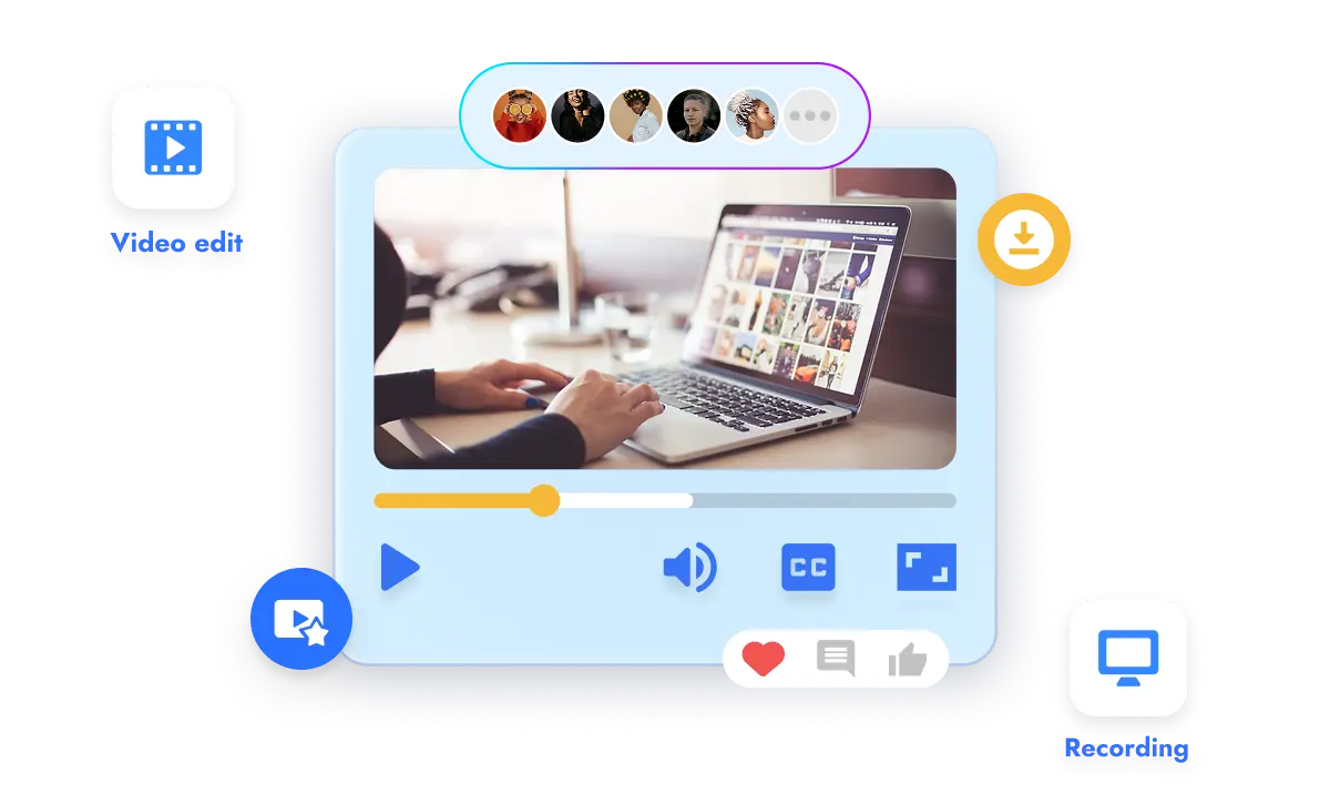 Visla webinar video creator interface displaying video editing, collaboration, and recording features on a laptop screen.